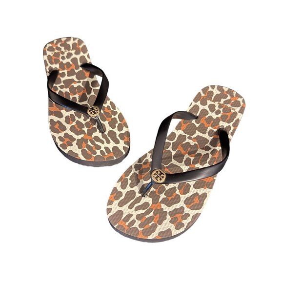 Tory Burch Leopard Print Flip Flop Sandals Women's Gold Logo, Size 6M NWOB - Picture 1 of 8